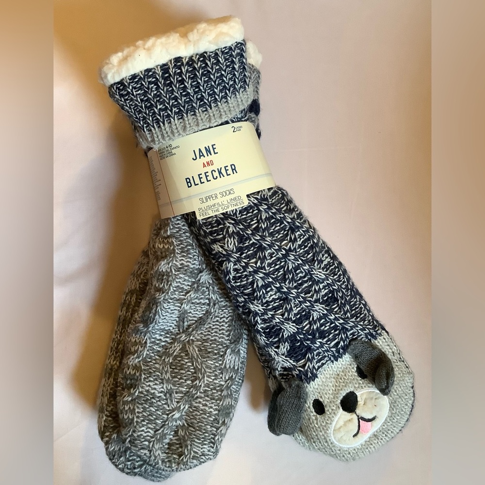 Jane and Bleecker Navy and Gray Dog Slipper Socks, Plushfill, lined